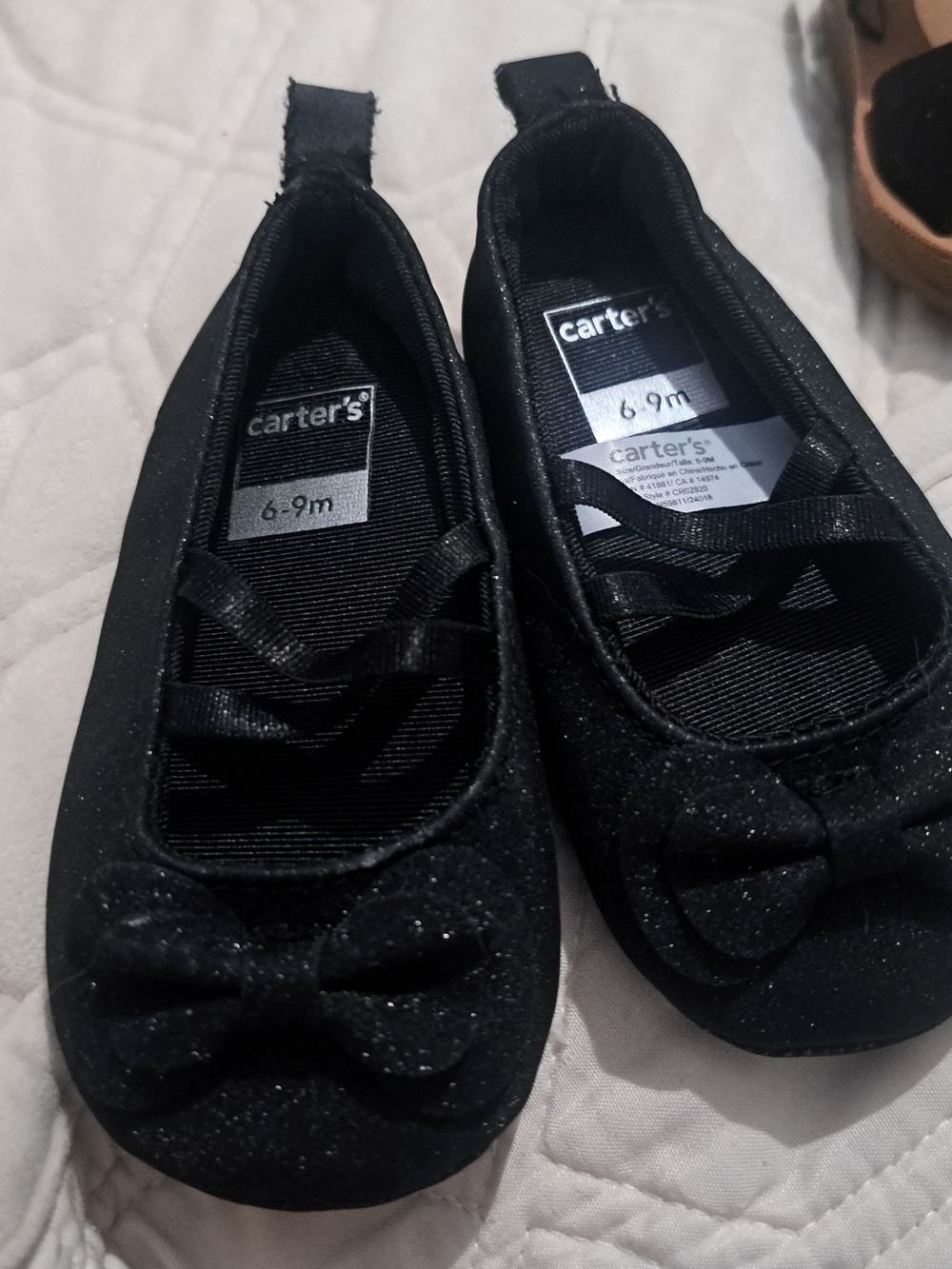 Carter's Black Glitter Bow Baby Girls Flats with Elastic Strap